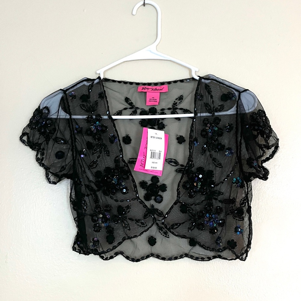 Betsey Johnson Black Sheer Floral Blouse Belaro shrug cropped sequin shawl